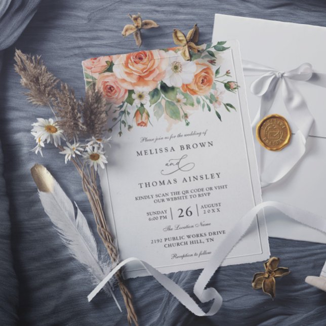 Invitation Mariage chic bohème avec fleurs blanches et pêche  (Créateur téléchargé)
