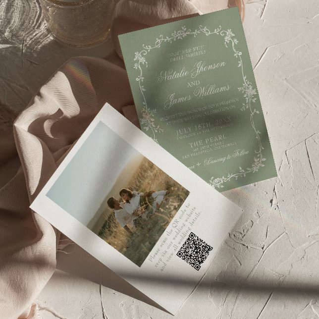 Invitation Mariage chic bohème floral vert sauge code QR phot (Créateur téléchargé)
