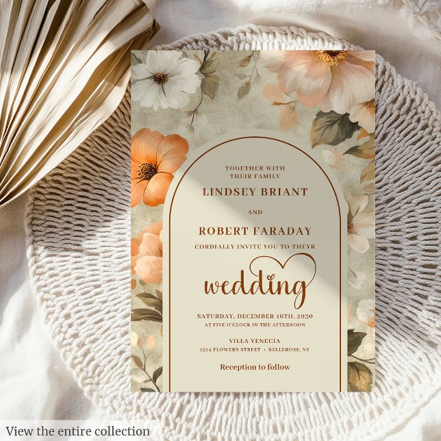 Invitation Mariage Chic Bohème Rustique Cuivre Beige Olive Fl (Rustic Boho Copper Beige Olive Floral Wedding Invitation)