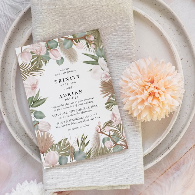 Invitation Mariage Chic Boho Orchidées Roses & Feuilles Séché (Créateur téléchargé)