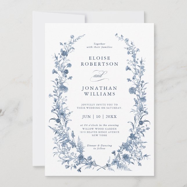 Invitation Mariage Chic Classique Victorien Bleu dans un Jard (Devant)