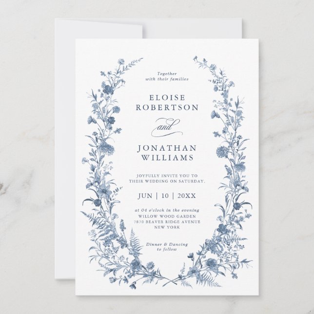 Invitation Mariage Chic Classique Victorien Bleu Français de  (Devant)