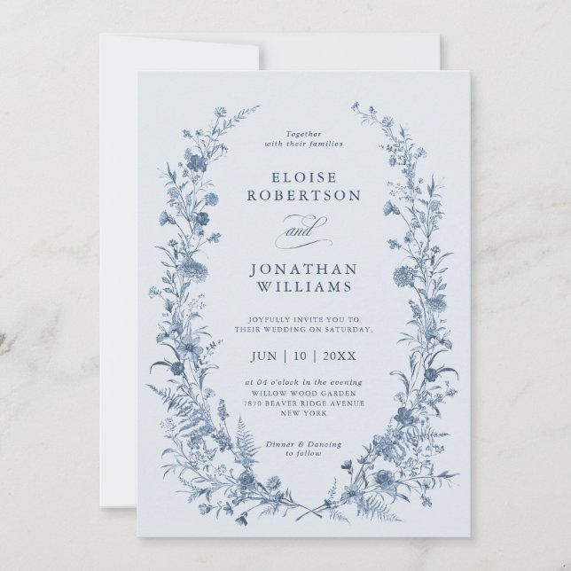 Invitation Mariage Chic Classique Victorien Bleu Jardin Franç (Devant)