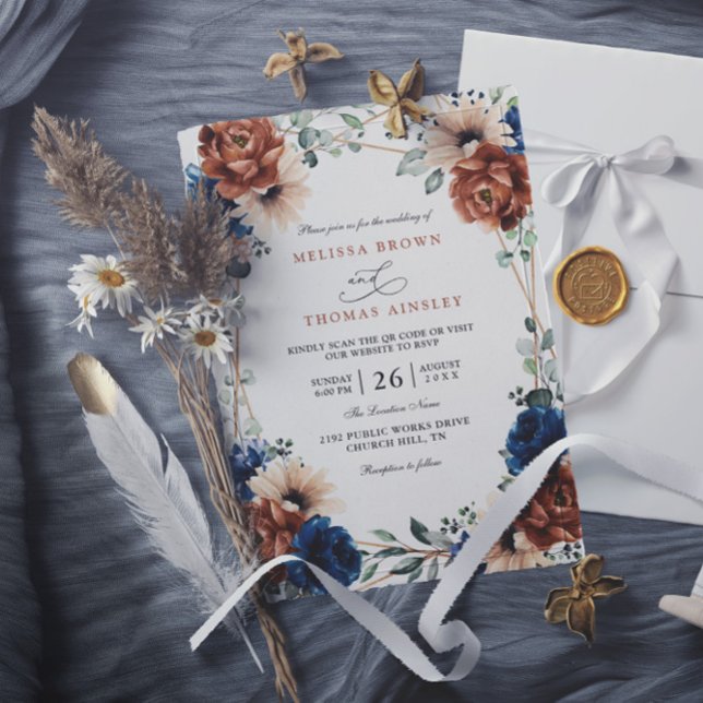 Invitation Mariage chic code QR bleu marine végétation Terrac (Créateur téléchargé)