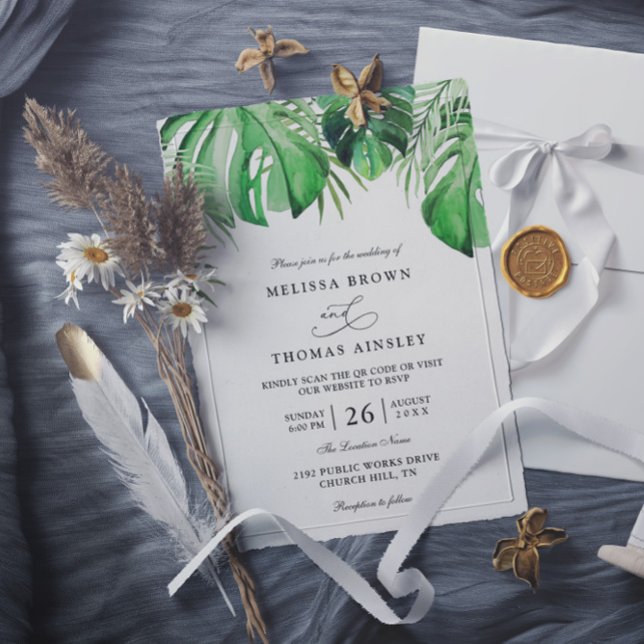 Invitation Mariage chic code QR feuille de palmier aquarelle  (Créateur téléchargé)