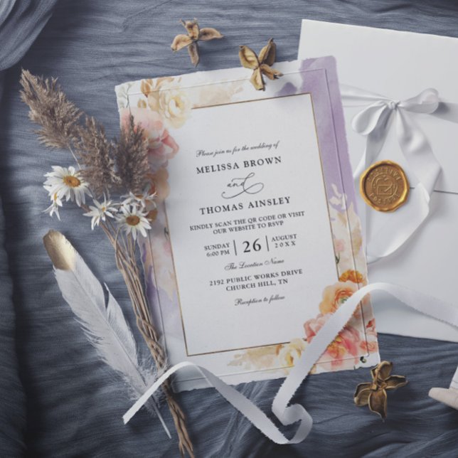 Invitation Mariage chic code QR floral rose pêche à petit bud (Créateur téléchargé)