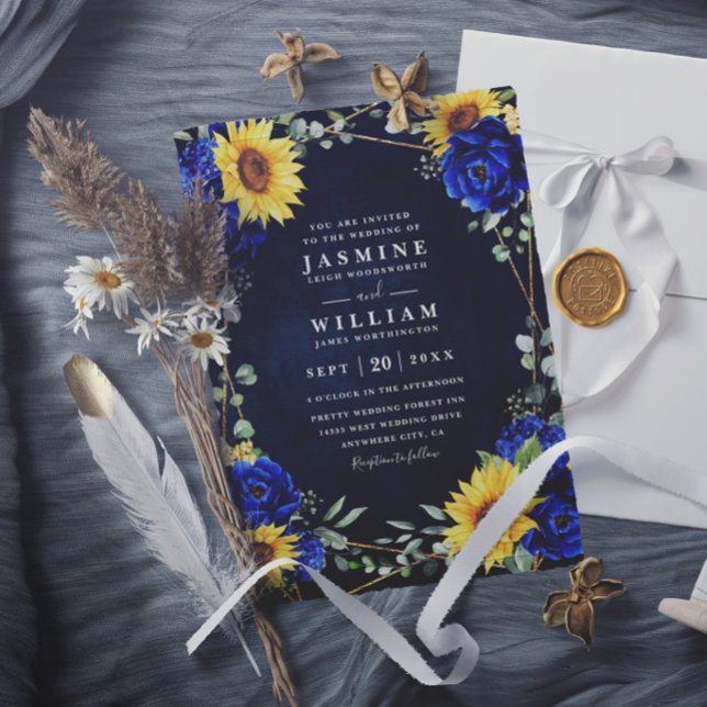 Invitation Mariage chic code QR tournesols rustiques bleu roy (Créateur téléchargé)
