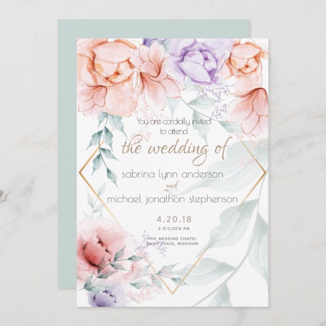 Invitation Mariage |Chic Coral tendance et Lilac Aquarelle (Devant / Derrière)