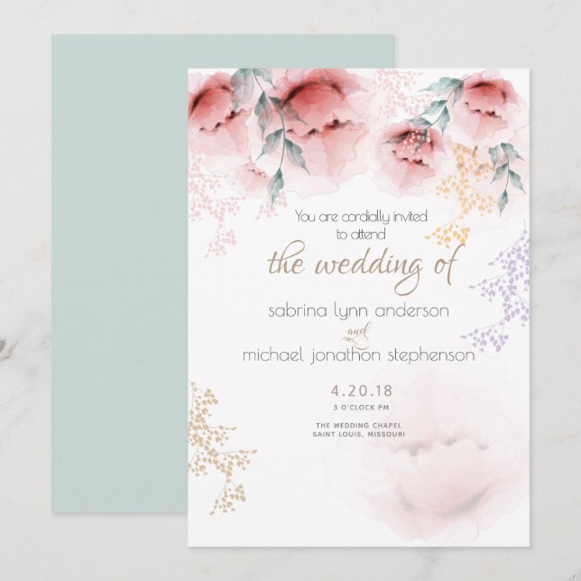 Invitation Mariage |Chic Coral tendance et Lilac Aquarelle (Devant / Derrière)