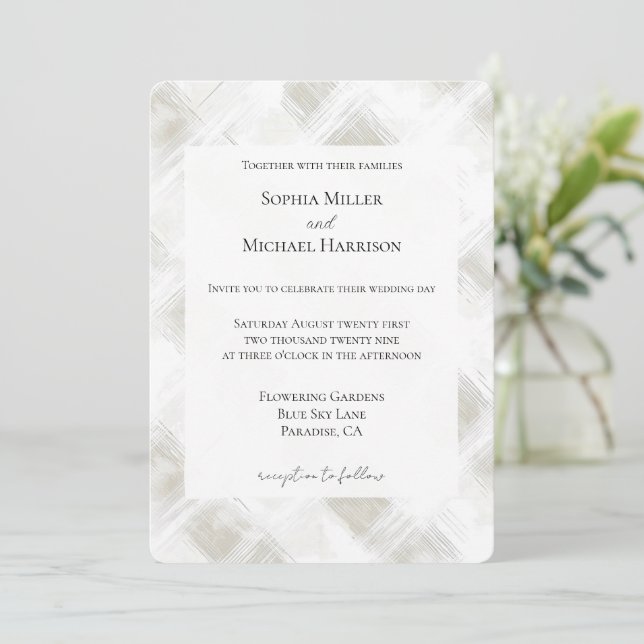 Invitation Mariage Chic Crème Rayures Blanches (Debout devant)