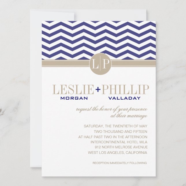 Invitation Mariage chic de marine du monogramme | de Chevron (Devant)