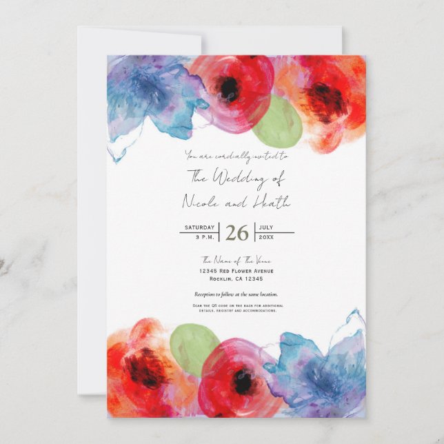 Invitation Mariage Chic de Printemps aux Fleurs Aquarelles Lu (Devant)