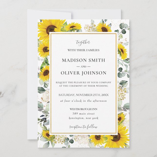 Invitation Mariage Chic de tournesol jaune Floral Gold Frame (Devant)