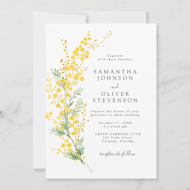 Invitation Mariage chic du printemps jaune Mimosa Fleurs de b (Devant)