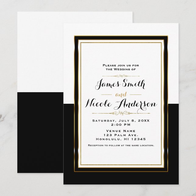 Invitation Mariage chic élégant noir blanc et or (Devant / Derrière)
