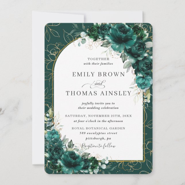 Invitation Mariage chic Emerald Green Rose Floral Gold Arch (Devant)