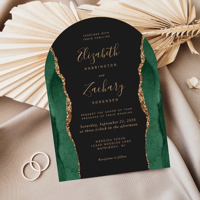 Invitation Mariage Chic Émeraude Vert Or Agate Arc Sombre (Créateur téléchargé)