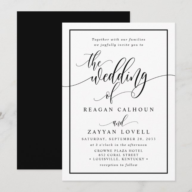 Invitation Mariage chic en noir et blanc avec calligraphie sc (Devant / Derrière)