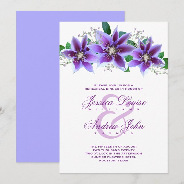 Invitation Mariage chic et élégant de clématite au dîner de r (Devant / Derrière)