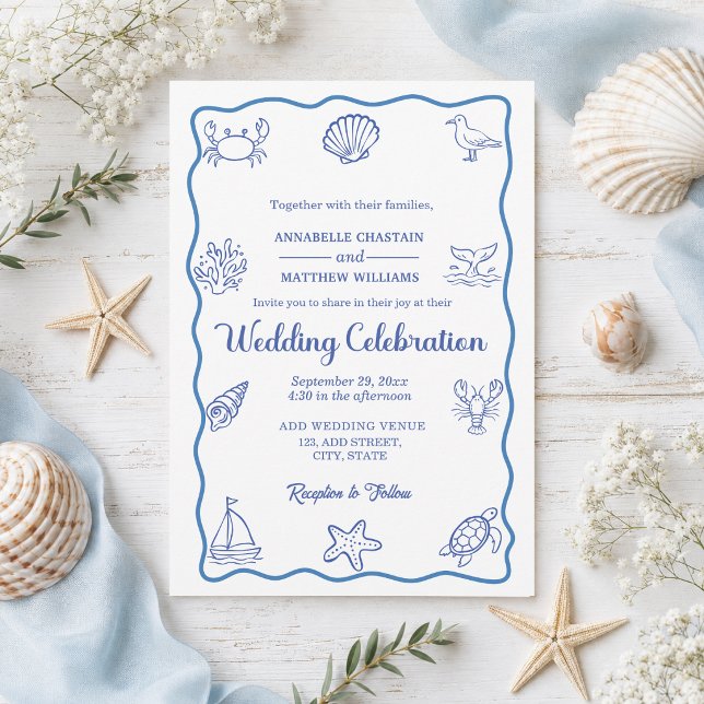 Invitation Mariage Chic et Fantaisiste avec Dessins de la Mer (Créateur téléchargé)