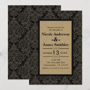 Invitation Mariage chic et glamour Art déco à damas or et noi