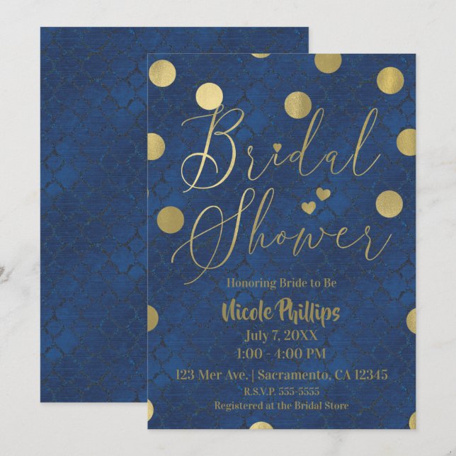 Invitation Mariage chic et glamour bleu et or moderne (Devant / Derrière)
