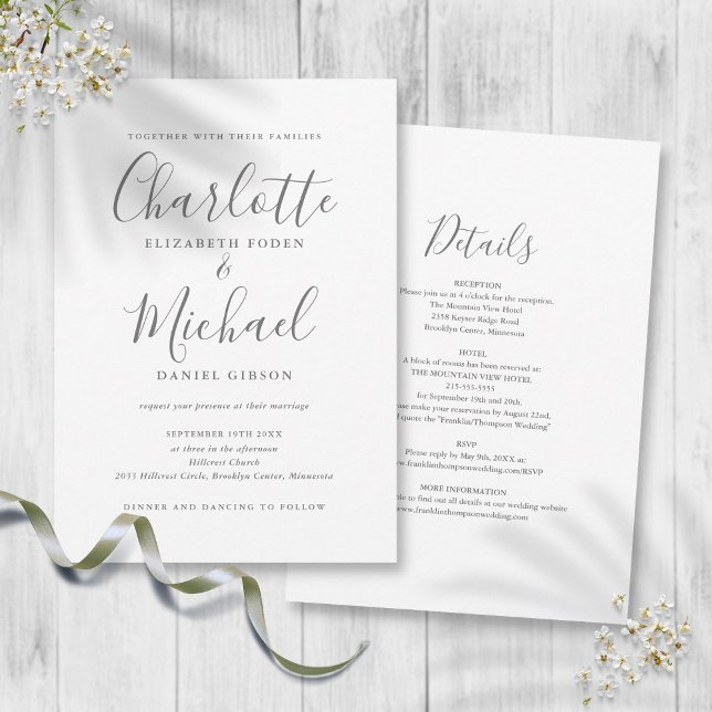 Invitation Mariage chic et simple gris et blanc en une seule  (Gray White Simple All In One Chic Script Wedding Invitation)