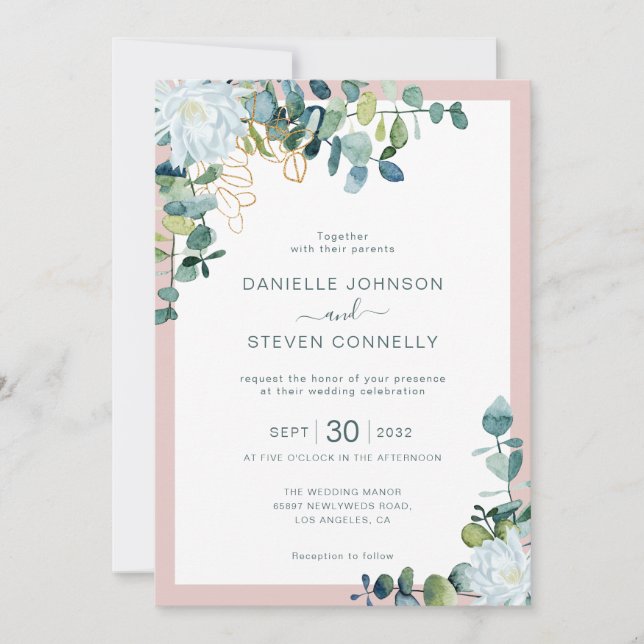 Invitation Mariage chic eucalyptus verdure blanc fleurs (Devant)