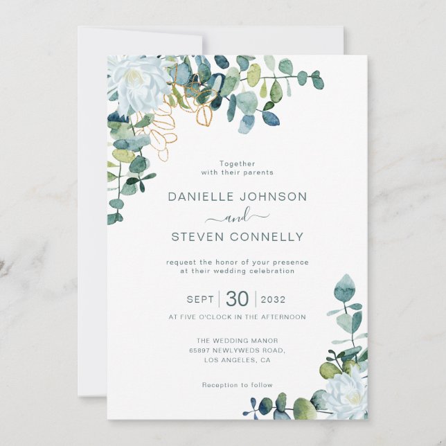 Invitation Mariage chic eucalyptus verdure blanc fleurs (Devant)
