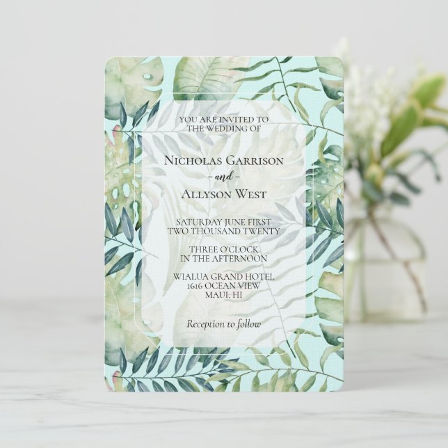 Invitation Mariage chic feuilles vertes tropicales menthe (Debout devant)