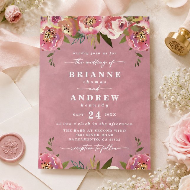 Invitation Mariage Chic Fleur de Rosier Rose en Fleur (Wild rose pink watercolor and floral wedding invites)