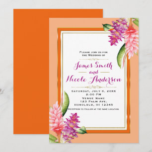 Invitation Mariage Chic Fleur Tropical Corail Orange Et Or