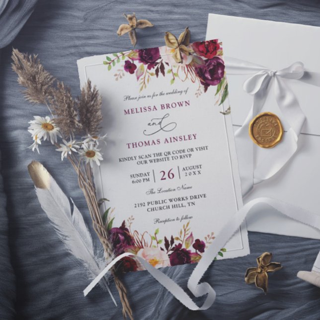 Invitation Mariage chic floral rouge Bourgogne à budget Code  (Créateur téléchargé)