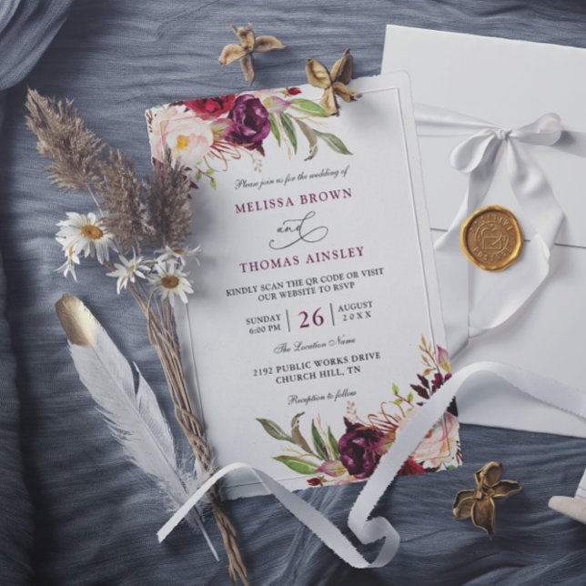 Invitation Mariage chic floral rouge Bourgogne à budget code  (Créateur téléchargé)