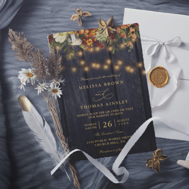 Invitation Mariage chic floral rustique avec code QR en bois  (Créateur téléchargé)