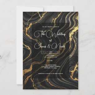 Invitation Mariage Chic Glamour Noir Aspect Marbre Doré