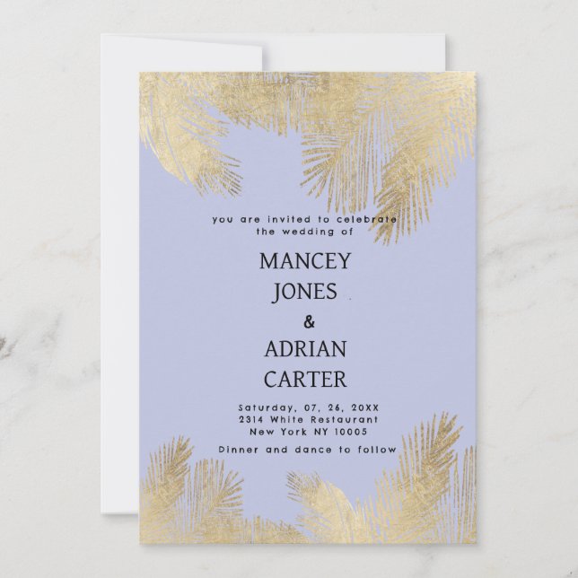 Invitation Mariage chic lavande or palmier tropical (Devant)