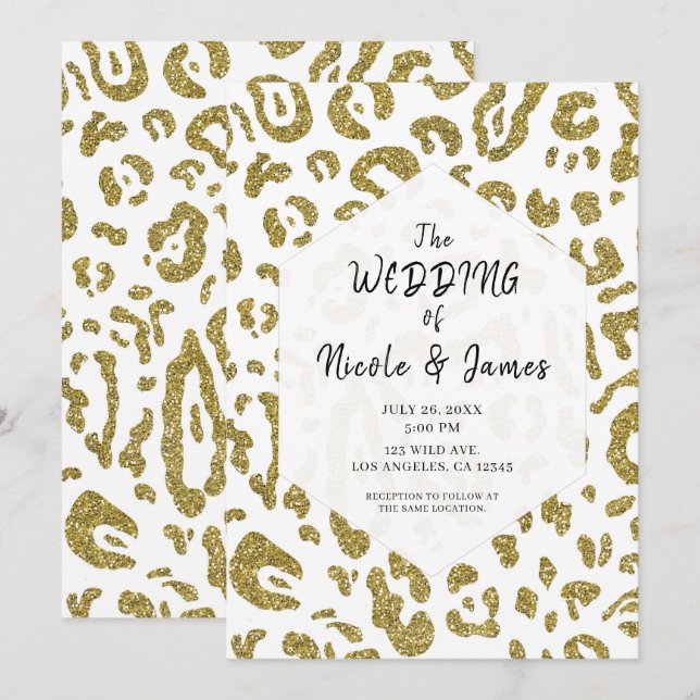Invitation Mariage Chic Léopard Guépard Blanc Paillettes Doré (Devant / Derrière)