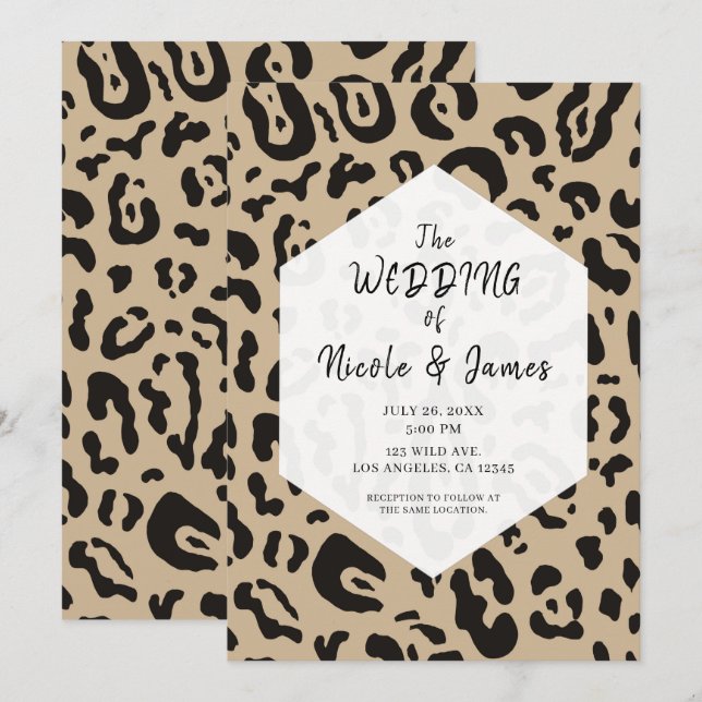 Invitation Mariage chic marron et noir avec imprimé guépard (Devant / Derrière)