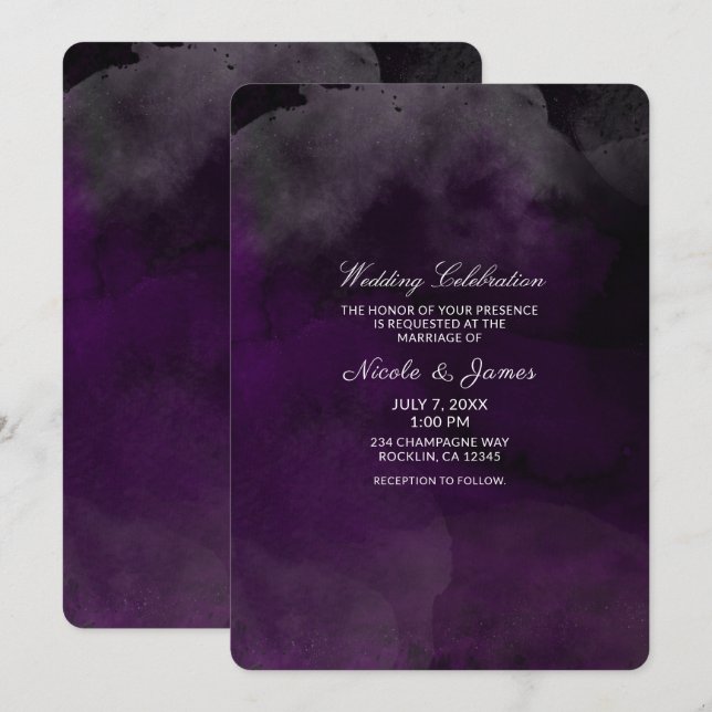 Invitation Mariage chic moderne aquarelle humeur prune pourpr (Devant / Derrière)