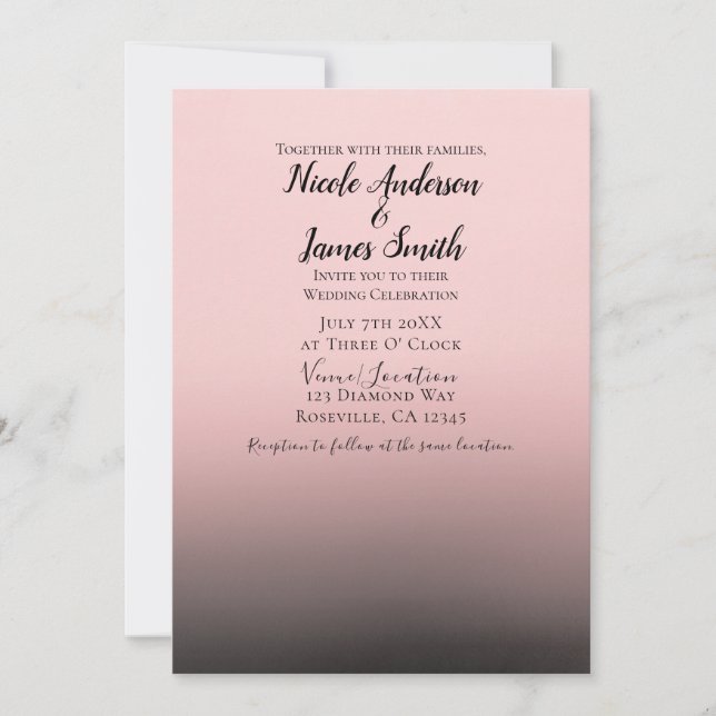 Invitation Mariage Chic Moderne Rose Pâle et Noir Ombré (Devant)