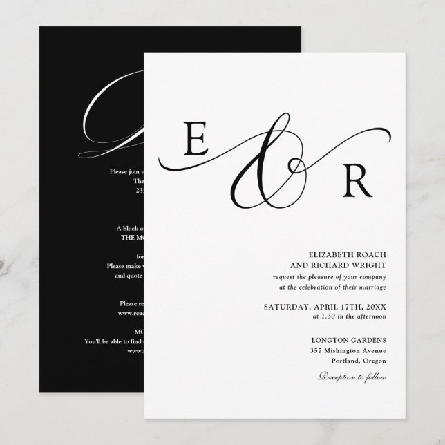 Invitation Mariage chic monogramme tout-en-un noir et blanc (Devant / Derrière)