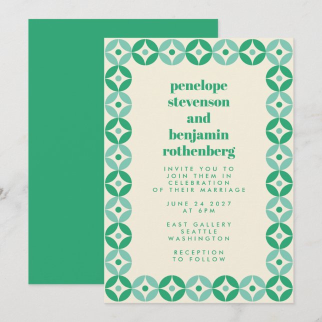 Invitation Mariage chic Motif géométrique vert moyen (Devant / Derrière)
