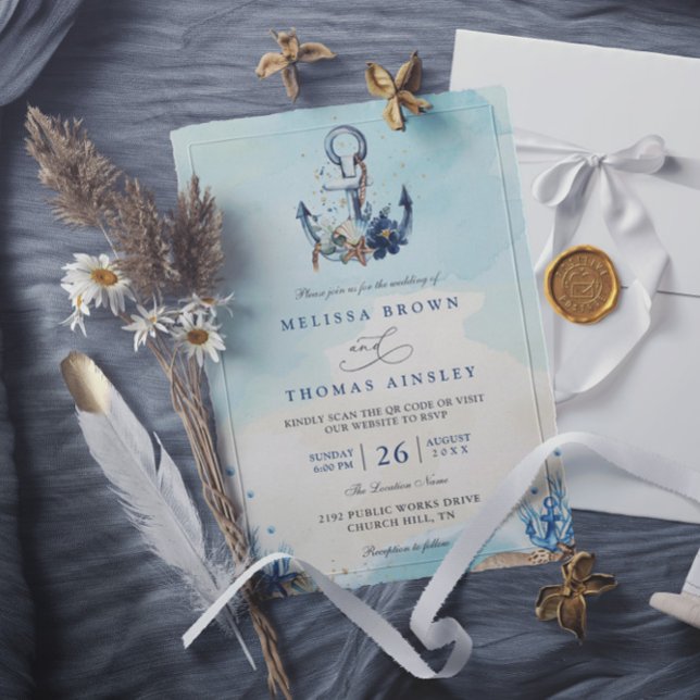 Invitation Mariage chic nautique moderne avec QR Code et ancr (Créateur téléchargé)