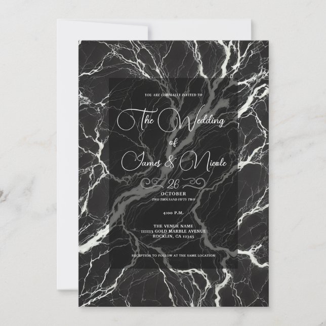 Invitation Mariage chic noir et blanc tendance marbre glamour (Devant)
