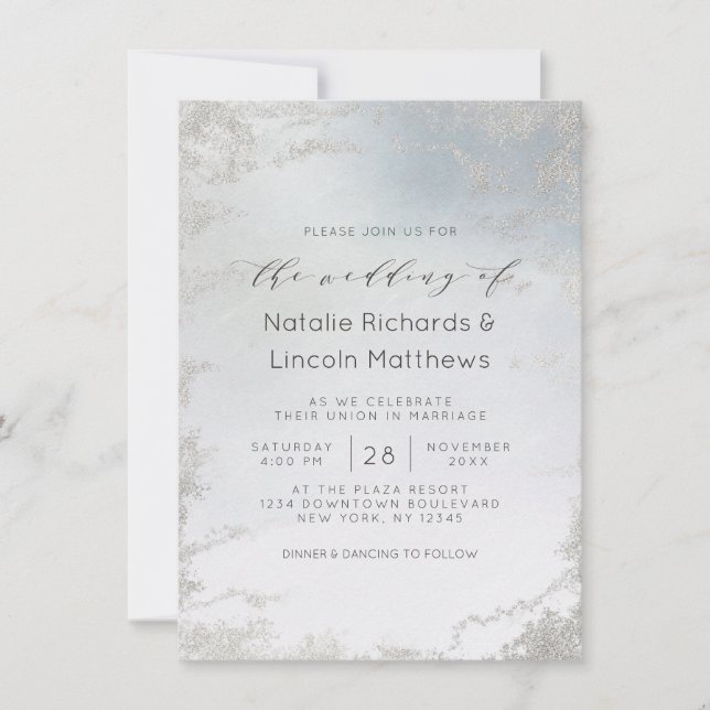 Invitation Mariage chic Ombre Dusty Blue Frosted Silver Foil (Devant)