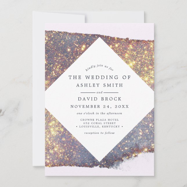 Invitation Mariage Chic Pailleté Or Violet Iridescent  (Devant)