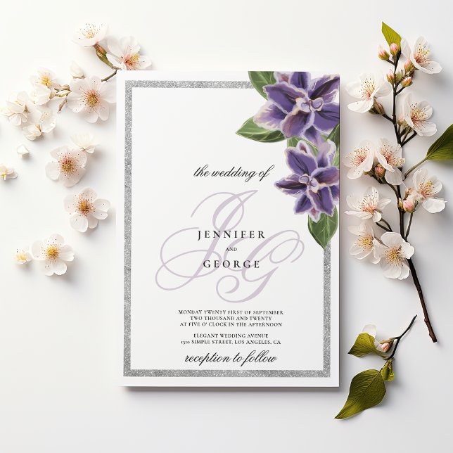 Invitation Mariage chic paillettes argent orchidée lavande vi (Chic silver glitter purple lavender orchid)