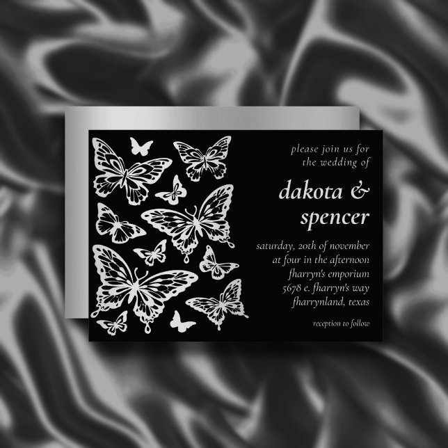 Invitation Mariage chic papillon | Gris noir et argenté (Créateur téléchargé)