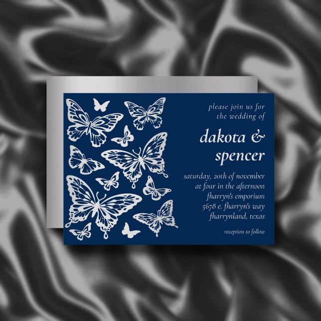 Invitation Mariage chic papillon | Navy Blue and Silver Grey (Créateur téléchargé)